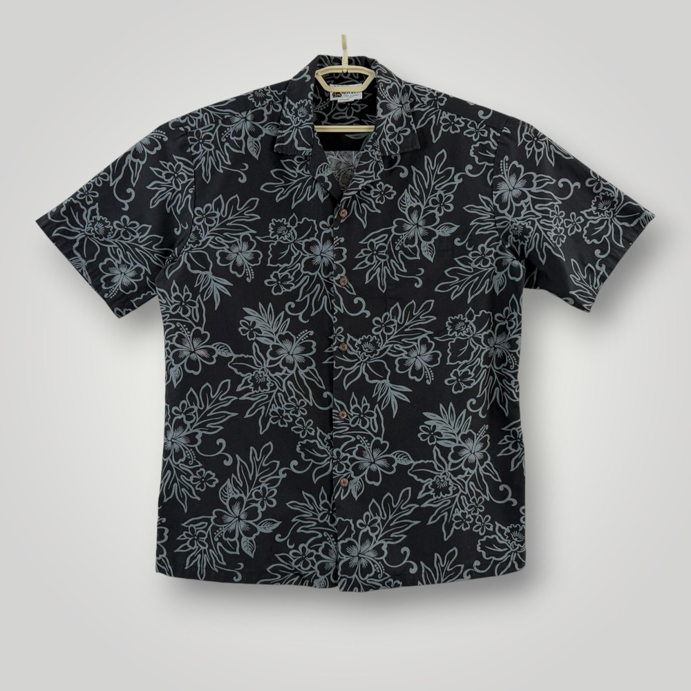 Aloha Republic Mens Large Black Grey Floral Hibiscus Hawaiian Shirt Hawaii Made